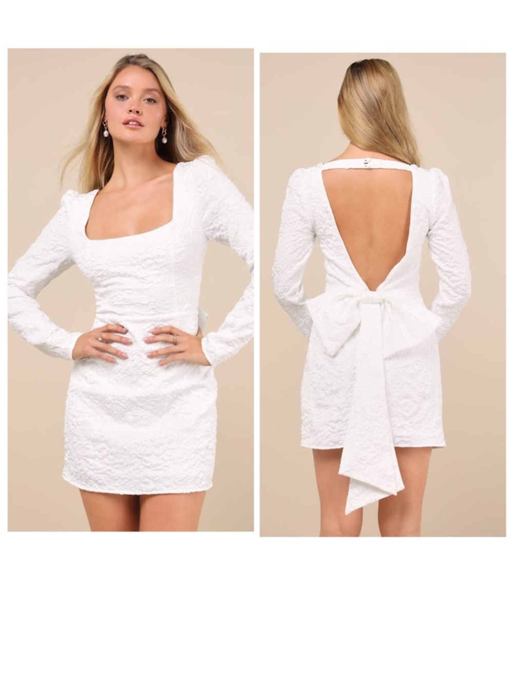 Lulus Elevated Icon White Jacquard Long Sleeve Bow Mini Dress Size Medium Bridal